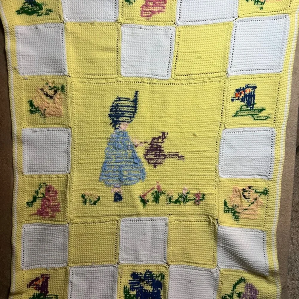 Vintage Handmade Crochet Afghan Blanket 36x44” Little Dutch Girl & Flowers (C06)